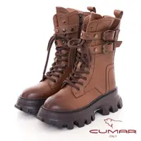 在飛比找momo購物網優惠-【CUMAR】率性厚底溝紋綁帶皮帶扣環短靴(棕色)