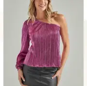 NEW WRANGLER RETRO HOT PINK ONE SHOULDER SHINY TOP BLOUSE SZ S