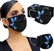 Black Butterfly Disposable Face Mask for Women Butterfly Printed Face Mask Fashion Black Facemask 3 Layer Face Mask Disposable with Nose Wire for Women Men Daily Use