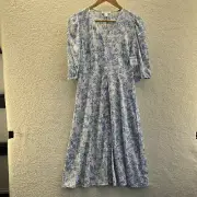 Nordstrom Dress Womens Midi V-Neck Button Front Floral White Blue Size 0