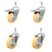 4 Inch SS Yellow Poly 3/8 Inch Threaded Stem Caster Set 2 Brake