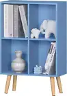 4 Cube Bookshelf, Blue Small Kids Book Shelf with Cubby Storage,Wooden Modern Bo