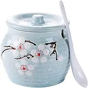 Ceramics Japanese Flower Sugar Bowl Seasoning Pot Salt Pepper Storage Jar with Lid And Spoon