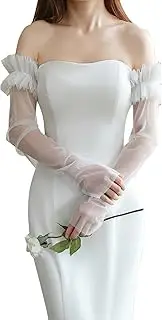 [Elerevyo] Women's Long Ruffle Tulle Cuff Sleeves Mesh Sheer Arm Cover Fingerless Gloves for Wedding 1 Pair