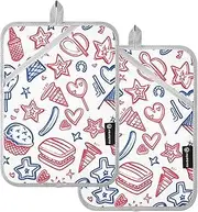 Pot Holders for Kitchen Heat Resistant 4th of July Red Blue Fireworks Doodle Potholder with Pockets Hotpads Oven Mitts 2 Pack