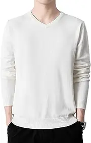 [Qolkmuiy-GJ] Men's V Neck Knitting Sweater Pullover Casual Regular Fit Long Sleeve Ribbed Lightweight Tee Sweaters
