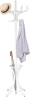 CASART Wood Coat Rack, Freestanding Clothes Stand with 12 Hooks and Umbrella Holder, 186cm Tall Hall Tree for Home Office Hallway Bedroom (White)