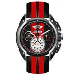 MINI SWISS WATCHES 石英錶 45MM 紅黑相間三眼錶面 紅黑條紋真皮錶帶