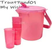 Tupperware 5 Qt Jumbo Canister Pour All Bucket w/ Handle Set Tumblers in Pinks