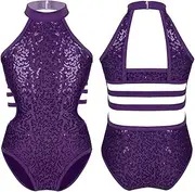 [Sxiwei] Girls Shiny Sequins Gymnastics Leotard Turtleneck Ballet Leotards Bodysuit Dancewear