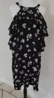 Decjuba Black White Floral Ruffle Sleeve High Neck Mini Dress Frock Size 12 New