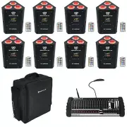 (8) Rockville RF WEDGE BLACK RGBWA+UV Wireless DMX Up-Lights+Controller+Backpack