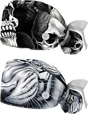 [YTYVAGT] 2-Pc,Nurse Scrub Caps,Scrub Hats with Buttons and Cotton Sweatband,Scary White Skulls
