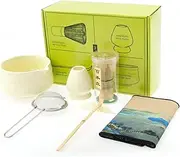Matcha Whisk Set - 7 PCS Japanese Household Matcha Tea Kit for Traditional Tea Ceremony, with Handcrafted Bamboo Whisk Matcha Scoop Matcha Stand Matcha Bowl for Tea Lovers (Spray Yellow)