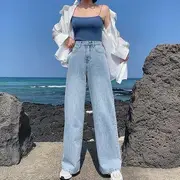 Plain Camisole Top / Button Up Long Sleeve Shirt / High Waist Straight Leg Jeans Pants - M