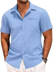 [PHJTOMK] Mens Button-Up Linen Shirts Casual Vacation Shirt with Pocket Standard Fit Solid Color Spread Collar Beach Shirts, Blue 2, 3X-Large