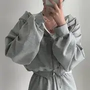 Plain Crop Zip-Up Hoodie Light Melange Gray - One Size