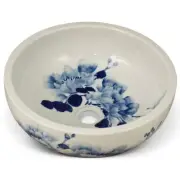 US Seller - 16in Blue and White Peony Motif Oriental Porcelain Basin