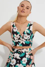 Print Designer Peach Floral Deep V Crop Top - Size 6, Women's Designer Woven Top