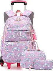 [Mfikaryi] 3PCS Girls Rolling Backpack Elementary Student Schoolbag Travel Trolley Bag Wheeled Bookbag with Lunch Box
