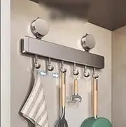 Saebume Kitchen Rail with 8 Hooks,No-drill Kitchen Utensil Holder,Pot and Pan Hanging Rack for Refrigerator, Metal Cabinet, Smooth Wall, Grill,Towel, Spoon, Coats, Bathrobe (1)