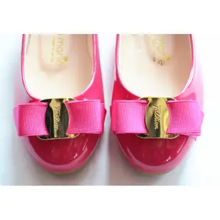 【現貨】❤正韓。英文金釦蝴蝶結桃紅漆皮鞋 (18號) 韓國製童鞋