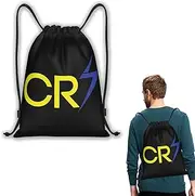 Football Star CR7 Drawstring Bags, Midium Sized Black Logo Soccer Waterproof Backpack for Gym Beach Lunch Holiday, Lightweight Draw String Sports Kit for Swimming, Dance, Travel, Black, l