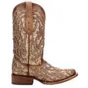 Corral Boots Glitter Tooled Inlay Square Toe Cowboy Womens Brown Casual Boots C