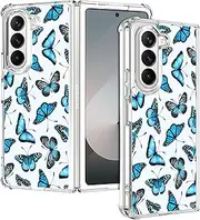 [SuzaCase] Clear Case for Samsung Galaxy Z Fold 5 - Samsung Z Fold 5 5G Case with Stylish Butterfly Blue Pattern Printed Durable Clear Shockproof Drop Protection Back Case for Samsung Z Fold5