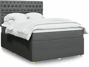 Queen Bed Frame Mattress Box Spring Dark Grey with Adjustable Fabric Headboard & LED - Bedroom Furniture Set - Portable & Low Profile Platform with Slats