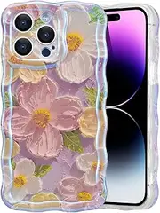 EYZUTAK Case for iPhone 13 Pro, Colorful Retro Oil Painting Printed Flower Laser Glossy Pattern Cute Curly Waves Border Exquisite Phone Cover Stylish Durable TPU Protective Case for Girls Women - Pink