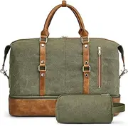 [S-ZONE] Women Travel Duffel Weekender Carryon Shoulder Tote Bag Canvas PU Leather, B-Army Green, Large
