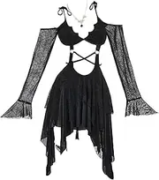 [MEOWCOS.COM] MEOWCOS Women's Gothic Camisole Dress A-line Goth Dress Spider Web Pattern Midriff Cut Out Dress