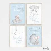 Baby Boy Nursery Wall Art Decor Prints. Elephant, moon clouds, Stars. Set of 4