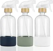 HOMBYS Empty Bamboo Glass Spray Bottles with Silicone Sleeve Protection - Refillable 17 oz Clear Glass Containers for Cleaning Solutions, Essential Oils, Misting Plants - Quality Sprayer - 3 Pack