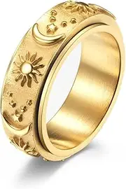 RIUKIU Turnable Sun, Moon and Star Ring, Stylish and Simple Stainless Steel Ring for Men and Women,Gold,10