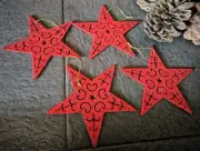 New - Set of Four Hanging Glitter Star Christmas Tree Decorations - Red