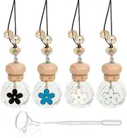 10ml Car Hanging Perfume Air Freshener Diffuser,Essential Oil Flower-Style Pendant Perfume Vials,Thick Clear Glass Fragrance Container With Wooden Caps & Hanging String,FREE Funnel,Dropper-Pack of 4