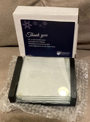 Endicott College Drink Coaster Set *Etched Glass 3-1/2” with Holder *NEW