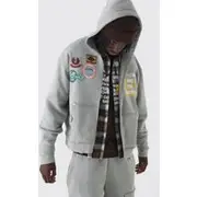 Mens Charcoal Oversized Applique Distressed Zip Through Brushback Hoodie