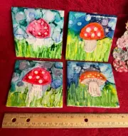 Sest of 4 Handmade Alcohol Ink Tiles Featuring Mushrooms w Tall Grass & Sky