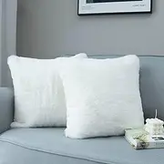LIGICKY Set of 2 Fluffy White Fur Pillow Covers Mongolian Soft Faux Fur Shams Throw Pillow Cases Fuzzy Shaggy Plush Sqare Cushion Covers(18 x 18 Inches)