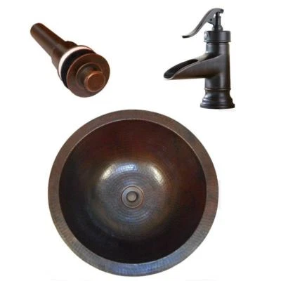 15" Round Copper Undermount Bathroom Vanity Sink with LT Drain and ORB 7" Faucet