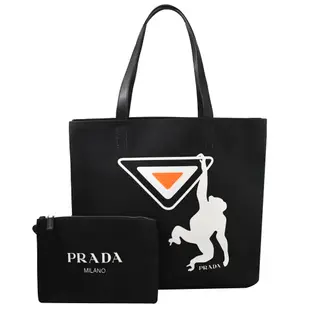 PRADA 品牌個性印花款帆布肩背托特包/購物包(黑)
