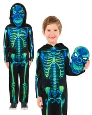 Neon Green Skeleton Costume Kids Halloween Fancy Dress + Mask Boys Girls