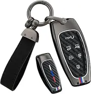 HIBEYO Key Fob Cover Compatible with Hyundai Tucson 2021 Solaris Sonata Hybrid NEXO NX4 Santafe Dn8 2020 Accessories Alloy Carbon Fiber Texture Key Shell with Leather Keychains-6 Button Black