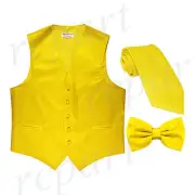 New Men's Solid Tuxedo Vest Waistcoat Necktie & Bowtie Set Party Prom Yellow