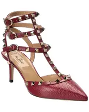 Valentino Rockstud Caged 65 Grainy Leather Ankle Strap Pump 37 Red