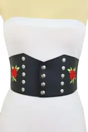 Women Wide Black Faux Leather Fashion Elastic Corset Belt Red Rose Flower S M