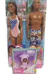 Barbie Olympic Swimmer, skipper Baby & African American Ken Beach w/Shorts NEW